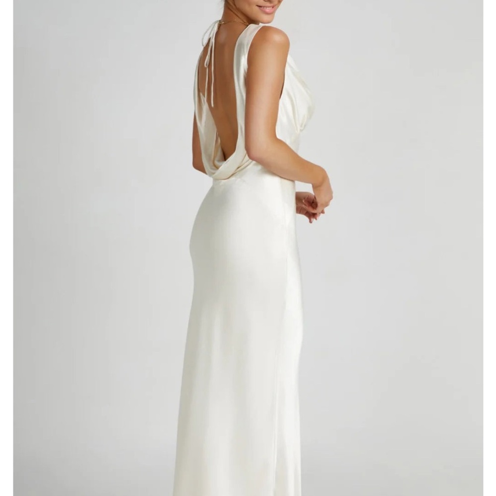 White bridal dress from Meshki (Angelique Satin Cowl Back Maxi Dress)
